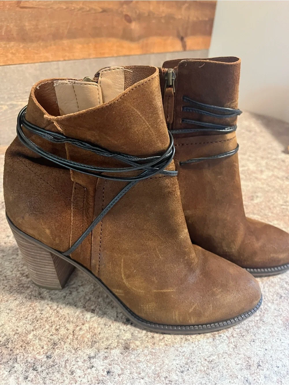 Franco Sarto Women’s Brown Suede Ankle Boots with Wrap Detail Size 9M